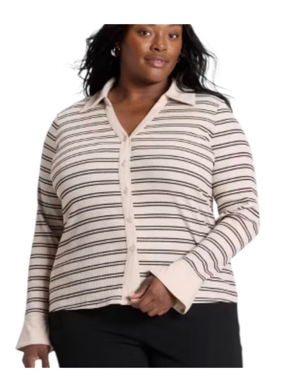 Ava & Viv Ribbed Button-Up Top w/ Black Stripes (Tan - 1X)
